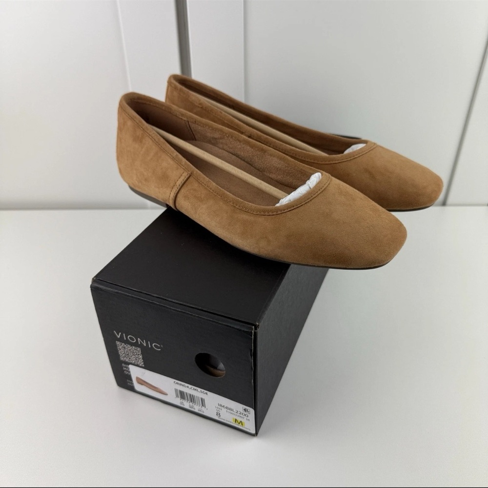 Vionic Orinda Women's US 8 Camel Tan Suede Leather Ballet Flat Flats Square Toe! - Picture 5 of 14